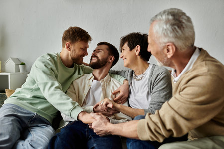 A gay couple sits on a couch with parents, smiling and holding hands.の写真素材