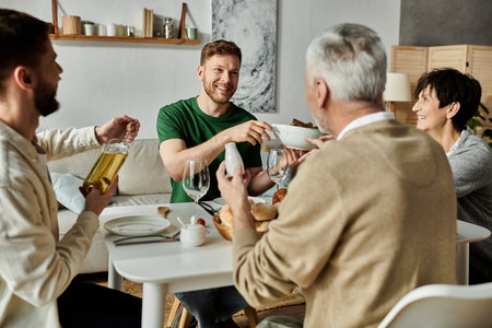 A gay couple sits at a table with parents, sharing a meal and enjoying each others company.の写真素材