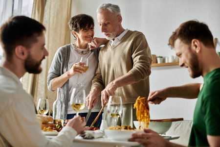 A gay couple shares a meal with parents in a home setting.の写真素材