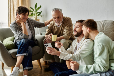 A gay couple sits on a couch with parents in their home, sharing news or viewing something on a...