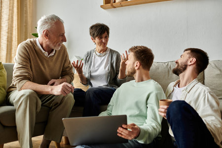 A gay couple and parents share a warm and engaging conversation in their living room.の写真素材