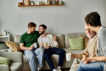 A gay couple sits on a couch with parents, enjoying a casual and intimate moment together.