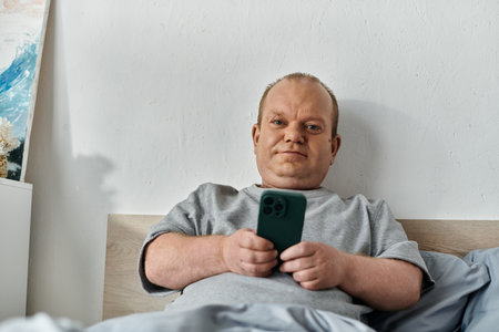 A man with inclusivity in his bedroom, laying in bed and scrolling on his phone.
