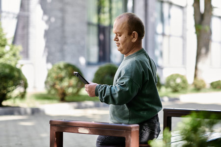 A man with inclusivity is standing near a bench, looking at his phone.の写真素材