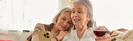 A lesbian couple enjoys a glass of wine and a moment together during a road trip in their camper van.の写真素材