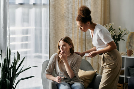 A loving lesbian couple spends time together at home, one woman comforting the other.の写真素材