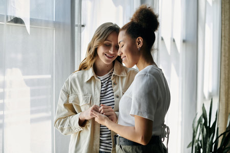 Two women in casual clothing stand close to each other by a window, smiling and holding hands.の写真素材