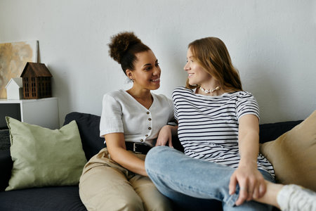 Two women cuddle on a couch and enjoy each others company.の写真素材