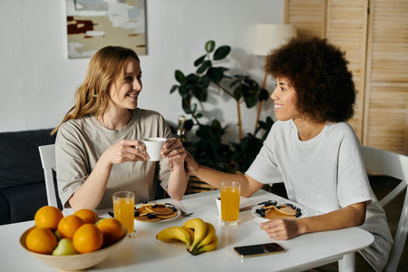Two women enjoy a casual morning together at home.の写真素材