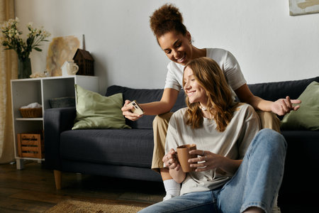 A lesbian couple shares a laugh while enjoying a cozy afternoon at home.の写真素材