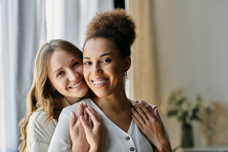 A diverse lesbian couple shares a tender moment at home, their smiles radiant with love and...