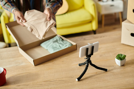 A man of African American descent opens a mysterious box on a table.の写真素材
