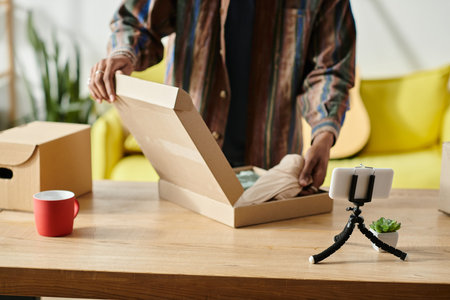 A man reveals the contents of a box on a table.の写真素材
