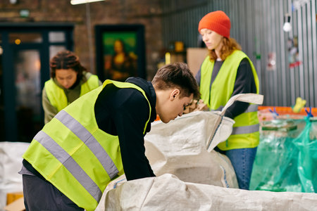 Young volunteers in gloves and safety vests sorting trash around a table filled with bags, showing eco-conscious teamwork.の写真素材