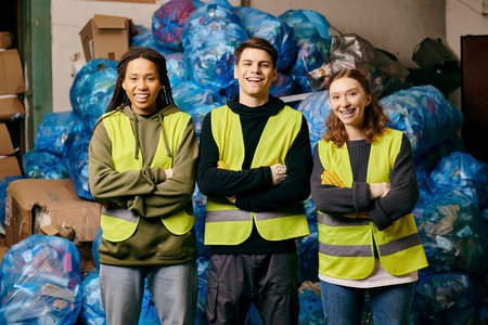 Three young volunteers in safety vests sorting plastic bags. Proactive in cleaning up the environment.の写真素材