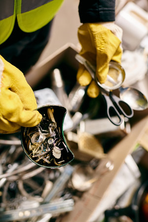 A young volunteer in yellow gloves cuts with scissors while sorting waste for recycling.の写真素材