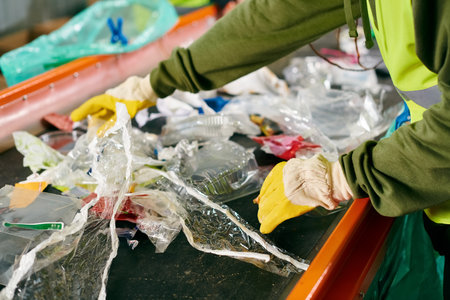 A young volunteer in a green shirt cleans a table, part of a group sorting trash in safety vests, promoting sustainability.の写真素材