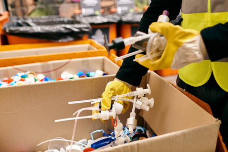 A young volunteer in yellow gloves and safety vest sorts waste, cleaning a box in an eco-conscious...