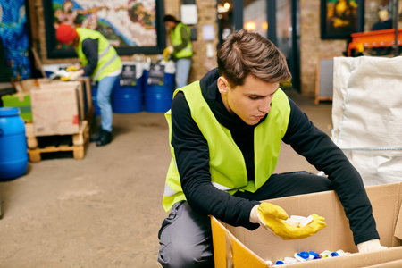 A young volunteer in a yellow vest meticulously cleans a cardboard box among a group of...