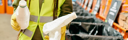 A young woman in a yellow safety vest participating in a trash sorting initiative