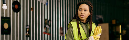 A young volunteer, eco-conscious, in gloves and a yellow safety vest sorting waste.の写真素材
