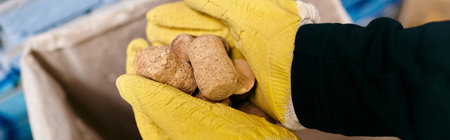 A young volunteer in a yellow glove carefully holds wine corks embodying eco-consciousness and waste...