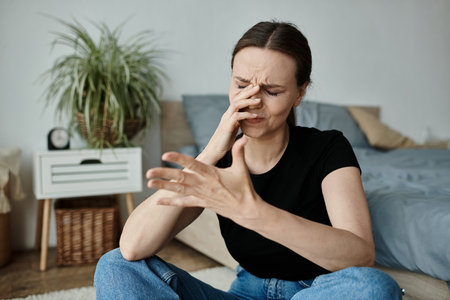 Middle-aged woman sits on the floor, hand on nose, lost in thought.