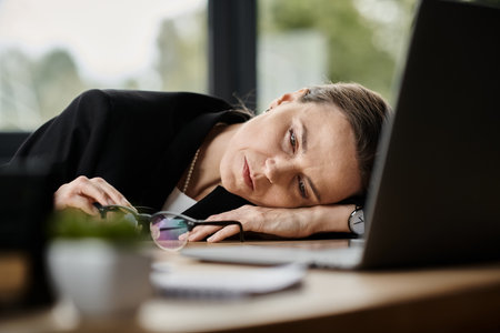 A woman with a laptop, overwhelmed on a desk.
