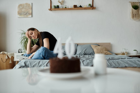 Middle-aged woman sitting with cake on bed, lost in thought.の写真素材