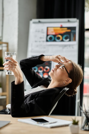 Middle-aged woman in business suit relaxing in front of computer screen, depression.の写真素材