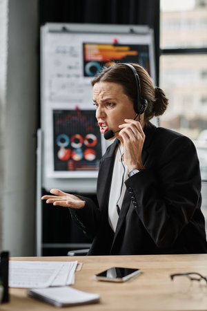 Woman in business suit having a stressed phone conversation.の写真素材