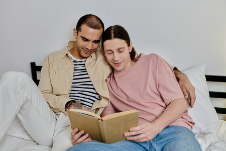 Two young men, a gay couple, relax on a bed in their modern apartment and read a book together.