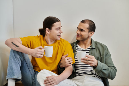 A young gay couple enjoys a relaxing morning together in their apartment, sipping coffee and sharing a tender gaze.の写真素材