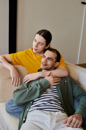 A young gay couple relaxes on a couch in their modern apartment.の写真素材