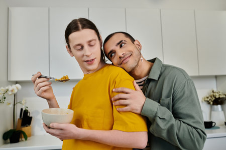 A young gay couple enjoys breakfast in their modern apartment, sharing a tender moment with a hug.の写真素材