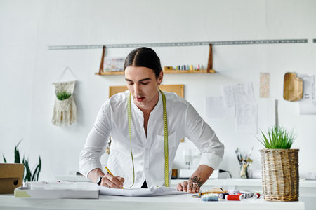 A young man, wearing a white shirt, is working in his atelier, focusing on reviving old clothes and...