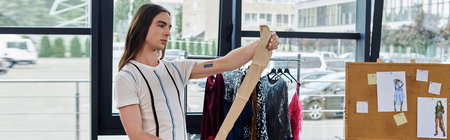 A young man examines fabric for a sustainable clothing restoration project in his city studio.の写真素材