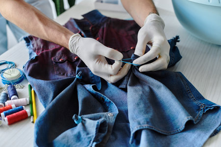 A young tailor meticulously sews a denim garment in his atelier, committed to reviving discarded clothing and promoting sustainable fashion.の写真素材