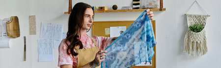 A young man in a light pink t-shirt and apron holds up a vibrant blue and white tie-dye fabric in his clothing restoration atelier.の写真素材