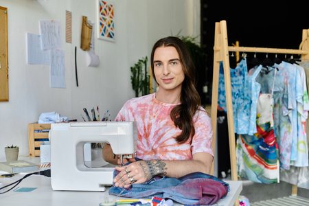 A young man operates a sewing machine in his atelier, focused on reviving discarded clothing with sustainable techniques.の写真素材