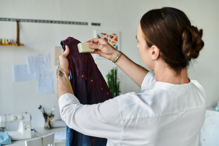 A young man meticulously applies soap to a garment in his DIY clothing restoration atelier, breathing new life into discarded clothes.の写真素材