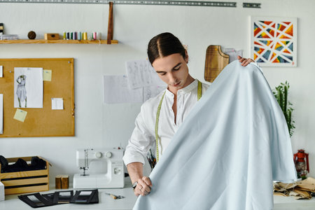 A young man in a white shirt carefully inspects fabric in his DIY clothing restoration atelier. He...