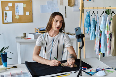 A young influencer with long hair works on restoring a piece of clothing in his DIY atelier,...