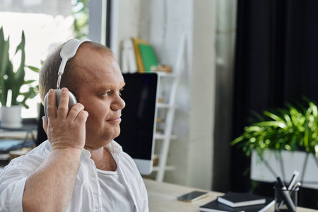 A man with inclusivity wearing headphones sits in an office and listens to music.の写真素材