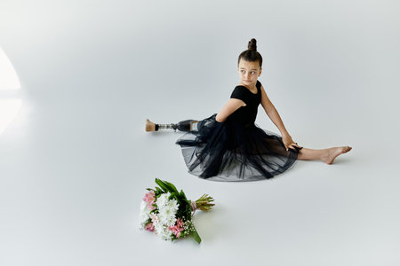 A young girl with a prosthetic leg performs a splits in a gymnastics studio.の写真素材