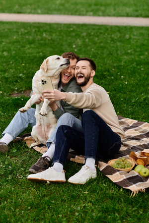 A bearded gay couple laughs as their labrador dog nuzzles them during a picnic in a green park.