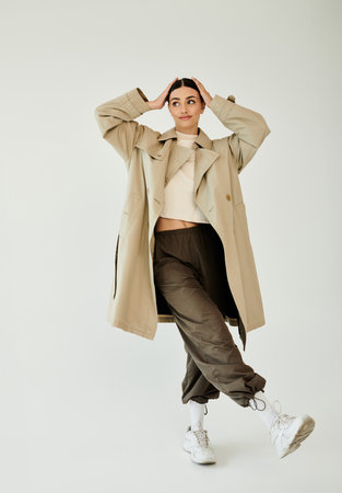 A young and beautiful woman poses confidently in a stylish autumn outfit, highlighting contemporary...