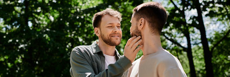 A bearded gay couple enjoys a sunny day in the park, sharing a tender moment of affection.