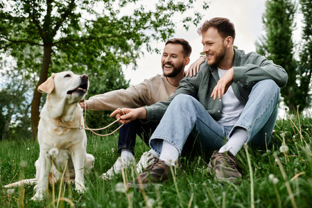 A bearded gay couple enjoys a day with their Labrador dog in a lush green park.の写真素材