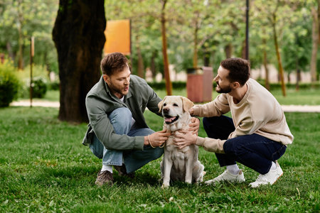 Two bearded men in casual clothes spend quality time together in a park with their labrador...